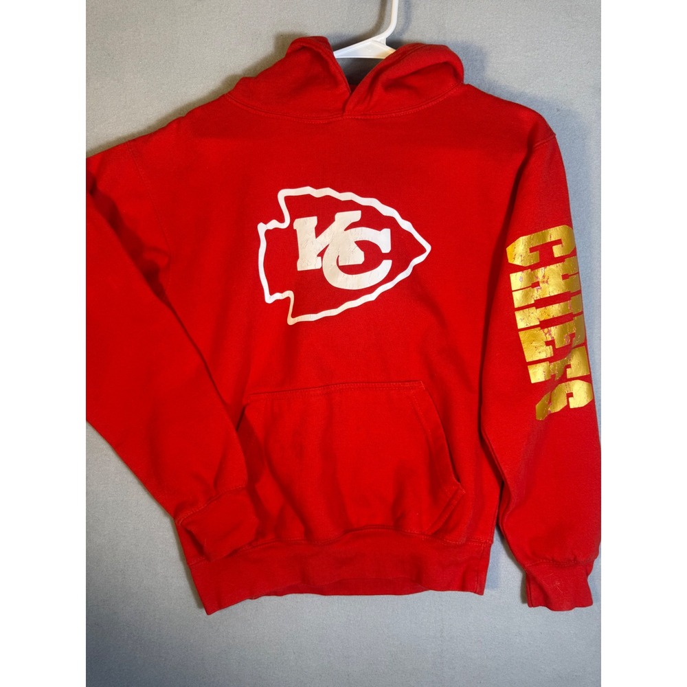Kansas City Chiefs Red Hoodie Pullover Gold Sleeve Graphic Logo Sweatshirt